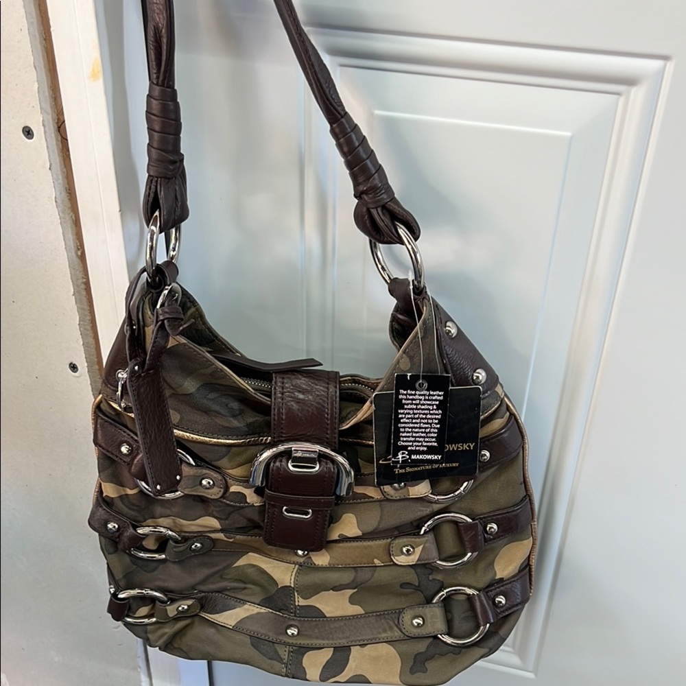 b. makowsky Green and Brown Messenger Bag with Leather Accents